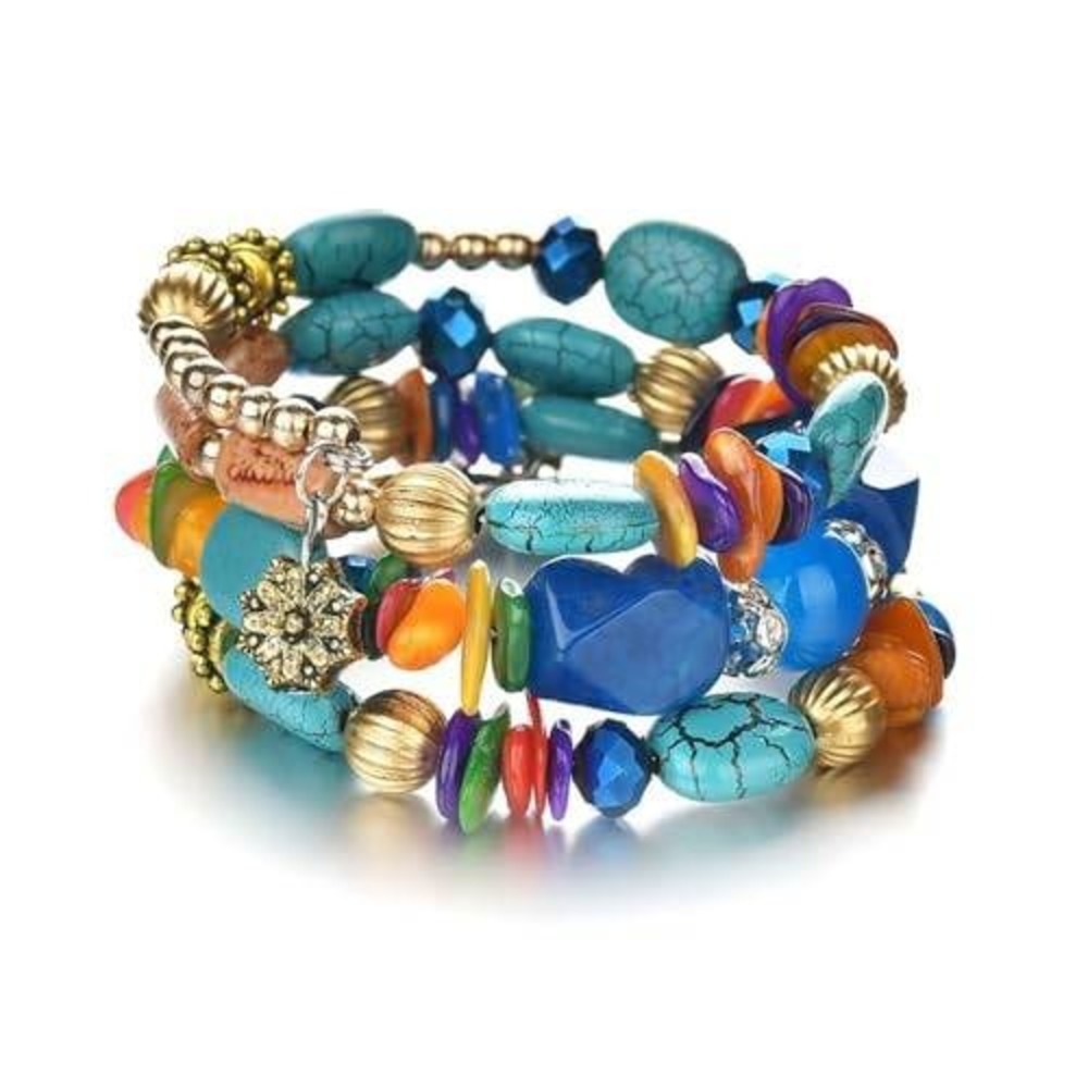 Boho Multi Layer Wrap Bracelet Turquoise Blue Beaded‎ Stacked Coil Floral Charm